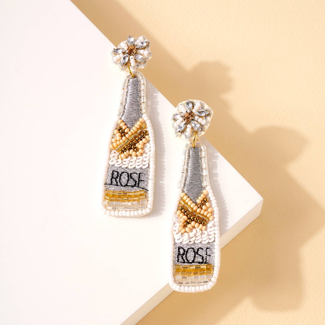 White Champagne Bottle Earrings/seed Bead Earrings Etsy