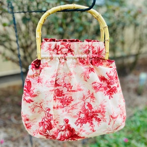 Reversible Fabric Purse With Bamboo Handles/Fun Handmade Fabric Purse