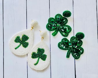 St Patrick's Day Earrings/Four Leaf Clover Earrings/Clover Teardrop Beaded Earrings/Luck of the Irish/Shamrock