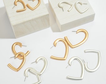 Heart Hoop Earrings/Matte Gold and Silver Heart Hoop Earrings/Satin Gold and Silver Heart Hoops/Heart Hoop Earrings/2 inch Heart Hoops
