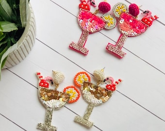 Flamingo Cocktail Beaded Earrings/Flamingo Fun Summer Earrings/Summer Drink Earrings