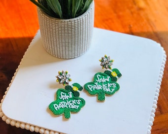 St Patrick's Day Earrings/Four Leaf Clover Earrings/Clover Teardrop Beaded Earrings/Luck of the Irish/Shamrock with Bling Earrings