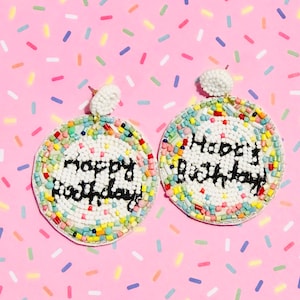 Beaded Disk Happy Birthday Earrings/Let&#39;s Celebrate Birthday Earrings/Fun Lightweight Party Earrings