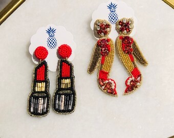Beaded Lipstick Earrings/Beaded High Heel Earrings/Diva Earrings/Lipstick Earrings/High Heel Earrings