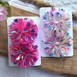 Pink Tulle Pig Tail Hair Bows Rainbow Foil Heart Clip Little Girl & Toddler Accessories