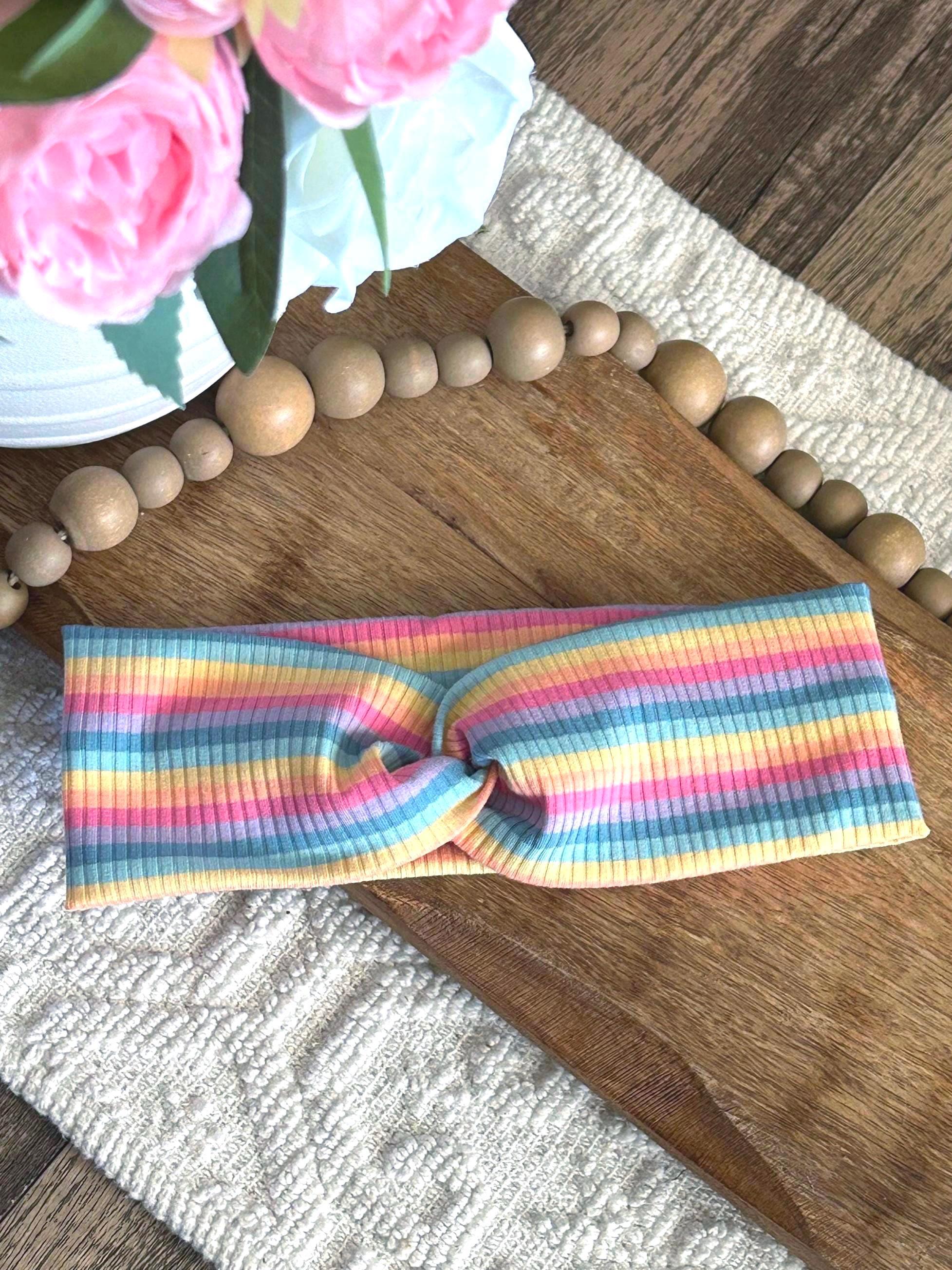 thumbnail image 2 of Women's Rainbow Stripe Bohemian Twist Bandana Headband - Elastic Wrap 2 of 3