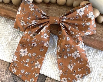 Brown Floral Fall Sailor Hair Bow Autumn Long Tail Coquette Clip Women Accessories
