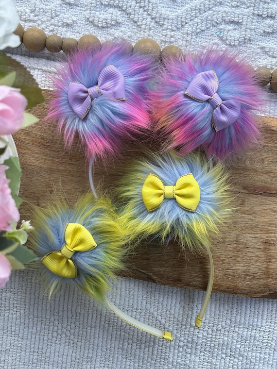 Furry Rainbow Pom Pom Headband Fun Monster Ear Hair Bow  display picture 1