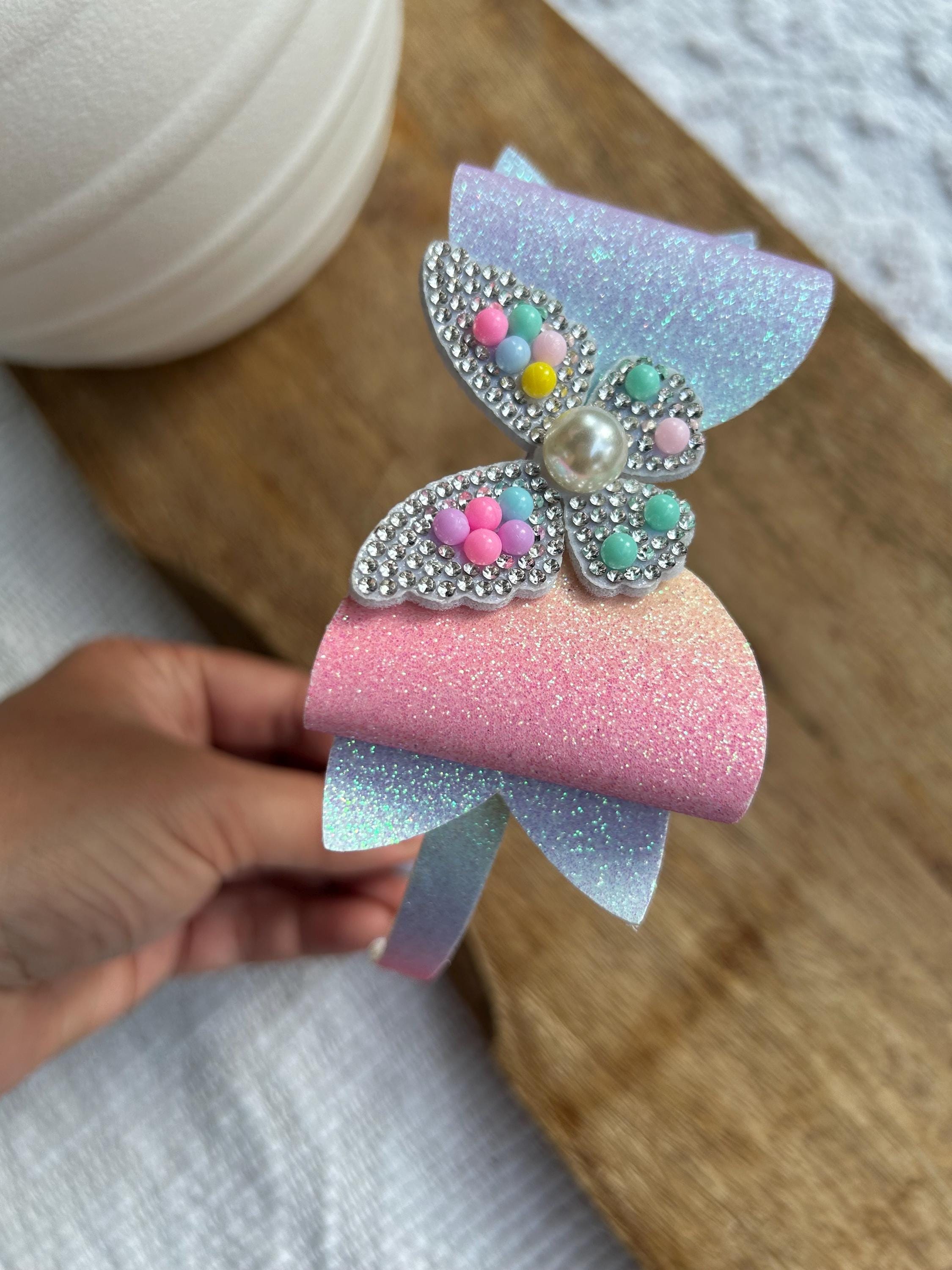 Little Girl Rainbow Glitter Butterfly Headband Rhinestone Pearl Hair Bow Fun Child Accessory Unique Birthday Gift Spring Summer Fall School