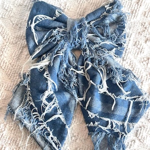 Large Ripped Denim Hair Bow Frayed Jeans Women Teen Accessories Grunge