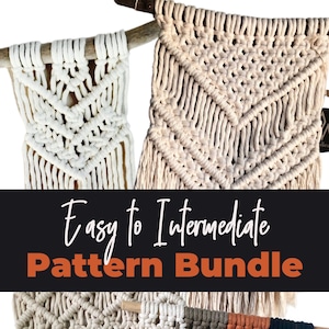 May include: Three macrame wall hangings with a geometric pattern. The wall hangings are made with natural colored cord and have fringe at the bottom. The text "Easy to Intermediate Pattern Bundle" is displayed on a black background.