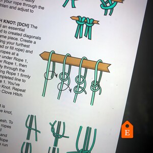 May include: Diagram showing how to tie a DCH knot using two ropes. The diagram shows the ropes wrapped around a wooden dowel and tied in a series of steps. The text in the image reads "H KNOT: [DCH] The d an essential d to created diagonals ame piece. Create a ing your furthest ad or fill rope) and ropes at a under Rope 1, er Rope 1, then ly through the ing Rope 1 firmly mpleted line to e 1. You've Knot. Repeat &bull; Clove Hitch"