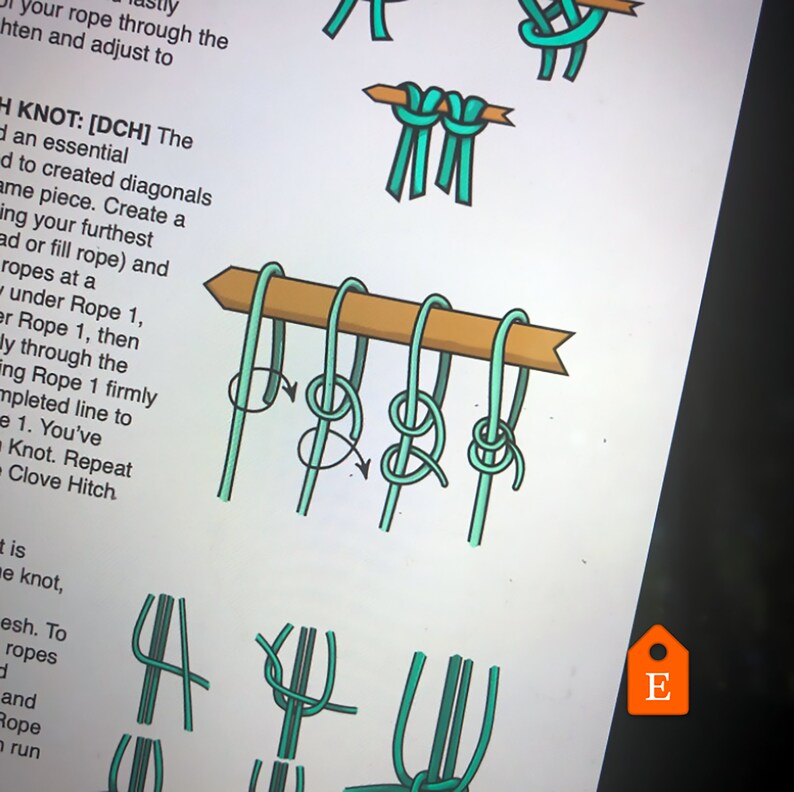 May include: Diagram showing how to tie a DCH knot using two ropes. The diagram shows the ropes wrapped around a wooden dowel and tied in a series of steps. The text in the image reads "H KNOT: [DCH] The d an essential d to created diagonals ame piece. Create a ing your furthest ad or fill rope) and ropes at a under Rope 1, er Rope 1, then ly through the ing Rope 1 firmly mpleted line to e 1. You've Knot. Repeat &bull; Clove Hitch"