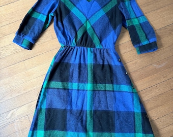 VTG 60s Wool Blend Black Watch Plaid Secretary Dress