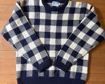 VTG 80s Newman Marcus Supply Co 100% Shetland Wool Navy Birdseye Plaid Sweater L