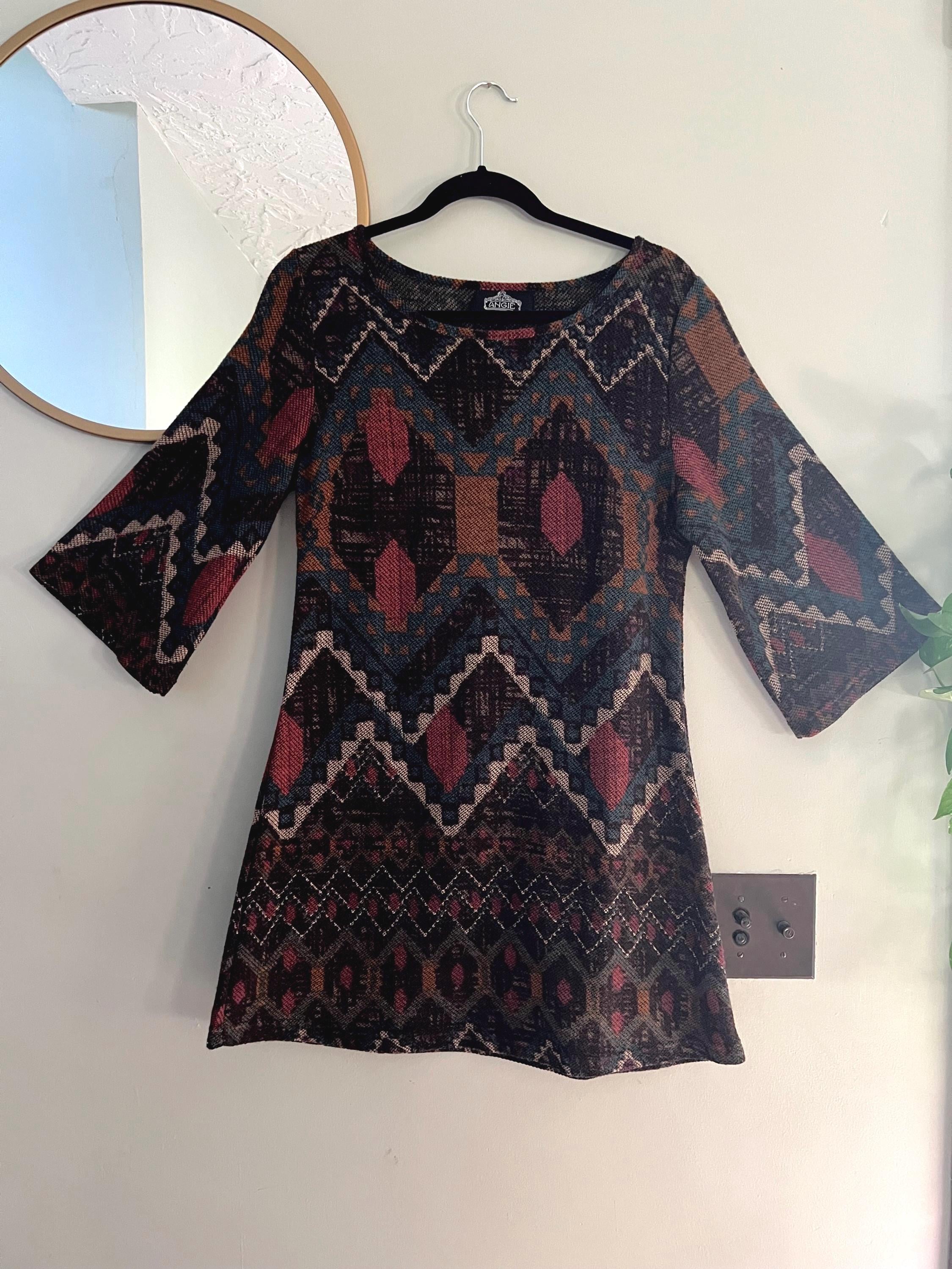 black and white aztec print trim long sleeve mini dress Ready For Fun Long Sleeve Mini Dress Black