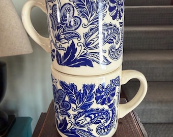 VTG 70s Paisley Floral Cobalt Blue Ceramic Mugs : Set of 2