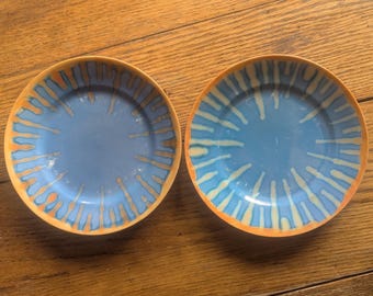 Vintage Two Shofu Drip Glaze Lusterware Luster Salad Plates Orange Blue Utensil Scuffing Wear Made In Japan