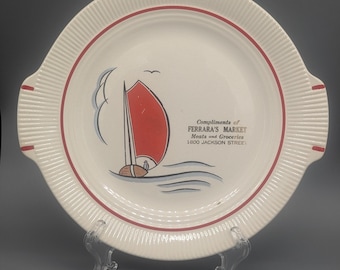 Vintage Salem China Handled Plate Ferrara's Market Nautical Sailboat Some Wear Crazing Chip Orange Blue Seagull Water