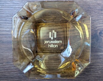 Vintage Jerusalem Hilton Ashtray Glass Amber White Logo