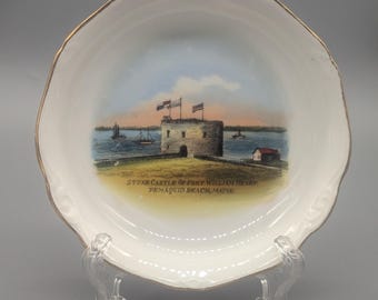 Antique Souvenir Bowl Fort William Henry Stone Castle Pemaquid Beach Maine J.H. Cartland Chip Crack