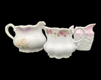 Lot Three Antique Creamer Creamers Germany Lusterware Peach Pink Roses White Porcelain Some Wear Garden Party Tea Leuchtenburg Base Chip