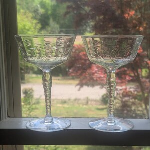Vintage Two Champagne Or Tall Sherbet Glasses Clear Etched Flower Design Unknown Maker No Damage Pair Elegant