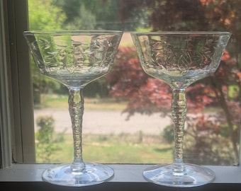 Vintage Two Champagne Or Tall Sherbet Glasses Clear Etched Flower Design Unknown Maker No Damage Pair Elegant