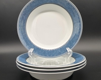 Vintage Dansk Gridworks Four Rim Soup Bowls Blue Black White Used Some Wear Base Spots Discoloration