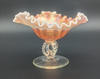 Antique Dugan Beaded Panels Peach Opalescent Clear Open Stem Compote Some Scuffing Wear