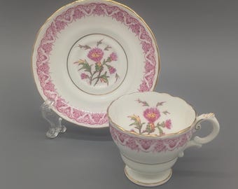 Vintage Royal Cauldon Jesdon Pattern Bone China Demitasse Cup and Saucer Set Thistle Pink Green Yellow