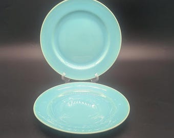 Vintage Franciscan El Patio Turquoise Glossy Luncheon Plates Two Some Scuffing Wear Gray Marks Gladding McBean