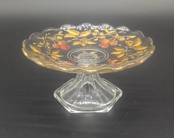Antique Goofus Glass Red and Gold Cherry Pattern Small Compote Light Wear