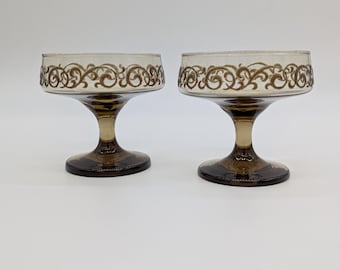 Vintage Libbey Glass Prado Pattern Two Champagne or  Tall Sherbert Glasses Brown With Raised Scrolls