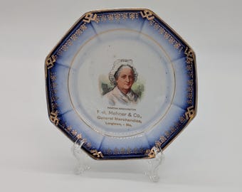 Vintage Giveaway Plate F.A. Mehner & Co. General Merchandise Store Longtown Missouri Martha Washington Image Blue Gold Has Wear Crazing