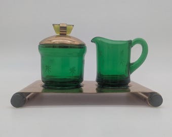 Vintage Paden City Emerald Glo Green Glass Creamer Sugar Bowl & Tray Set Tray Wear Damage Residue