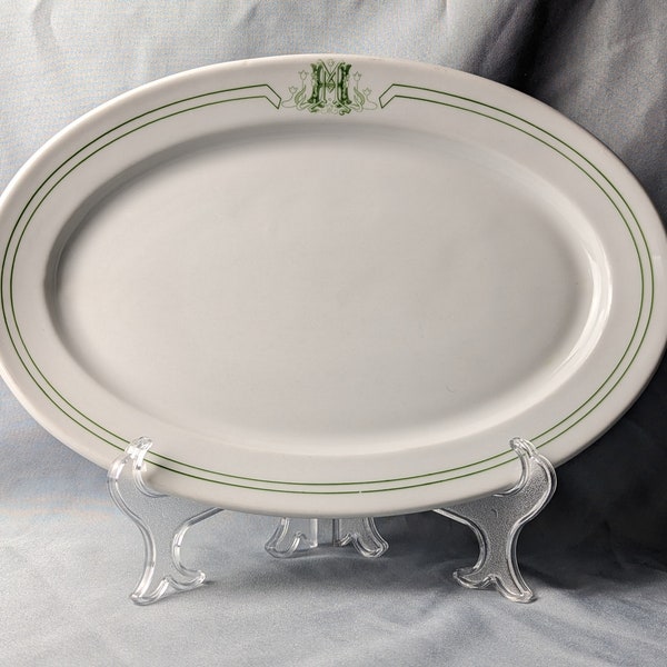 Antique 1910 Bauscher Restaurant Or Hotel China Platter Unknown Pattern HM Female Faces Art Nouveau Tulips Green White Some Wear Small Chip