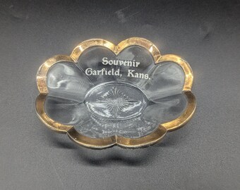 Antique Krys-Tol Clear Glass Garfield Kansas Souvenir Dish Gold Rim Small Bowl Light Wear