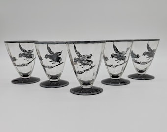 Vintage Five Rooster Cordial Glasses Sterling Overlay Trim Dueling Pair Two Chicken Design Clear Glass Black Base Light Wear Minor Damage