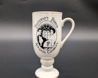 Vintage Pittypat's Porch Restaurant Mug Cup Atlanta Georgia Pedestal Black White Gold Man Woman Some Wear Use