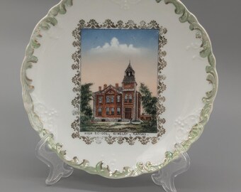 Antique Souvenir Plate High School Kinsley Kansas Made For Clark Bros. Wheelock Austria Some Wear Green Gold
