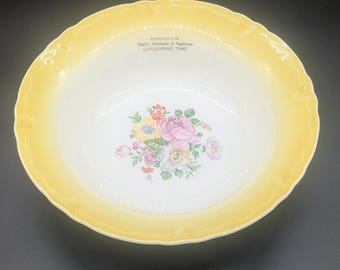 Vintage Advertising Serving Bowl Hajek's Hardware & Appliance Schulenburg Texas Flowers Floral Design Pink Orange Yellow