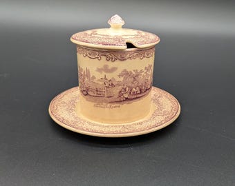 Antique Ridgways Humphrey's Clock Purple Jam Jelly Condiment Jar Container With Lid And Attached Base Stained Staining Crazing Schoolmaster