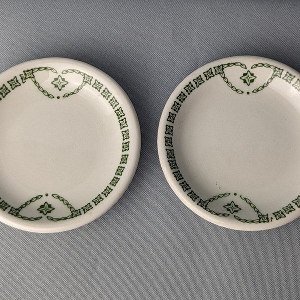 Vintage Two Butter Pats Jackson China Restaurant Hotel Ware Pattern #129 Green White Some Rim Discoloration Spots