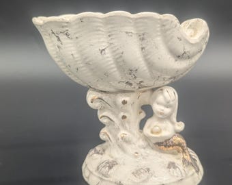 Vintage Kreiss Marbelite Mermaid Dish Soap Holder Bathroom Bowl Vanity Decor Crazed Discolored