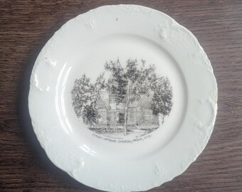 Antique Wheelock China Souvenir Plate Congregational Church Paola Kansas C. B. McLaughlin White Black Spidercrack on Base