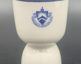 Vintage The Hill School Whatsoever Things Are True Restaurant China Eggcup Pottstown Pennsylvania Crack Damage Wear Blue White