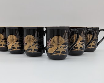 Vintage Otagiri Seashell Six Mugs Starfish Shell Nautical Black Gold Gray Pink Light Rim Wear Good Condition Beach Decor
