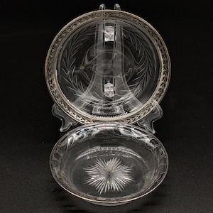 Vintage Two Different Small Vanity Trinket Dishes Glass Crystal Sterling Monogrammed Bowls Bowl Filigree Etched Minor Wear Damage