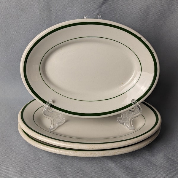 Vintage Buffalo China M. L. Brill & Company Chicago Three Small Oval Restaurant Or Hotel China Platters Green White Wear Staining Chip